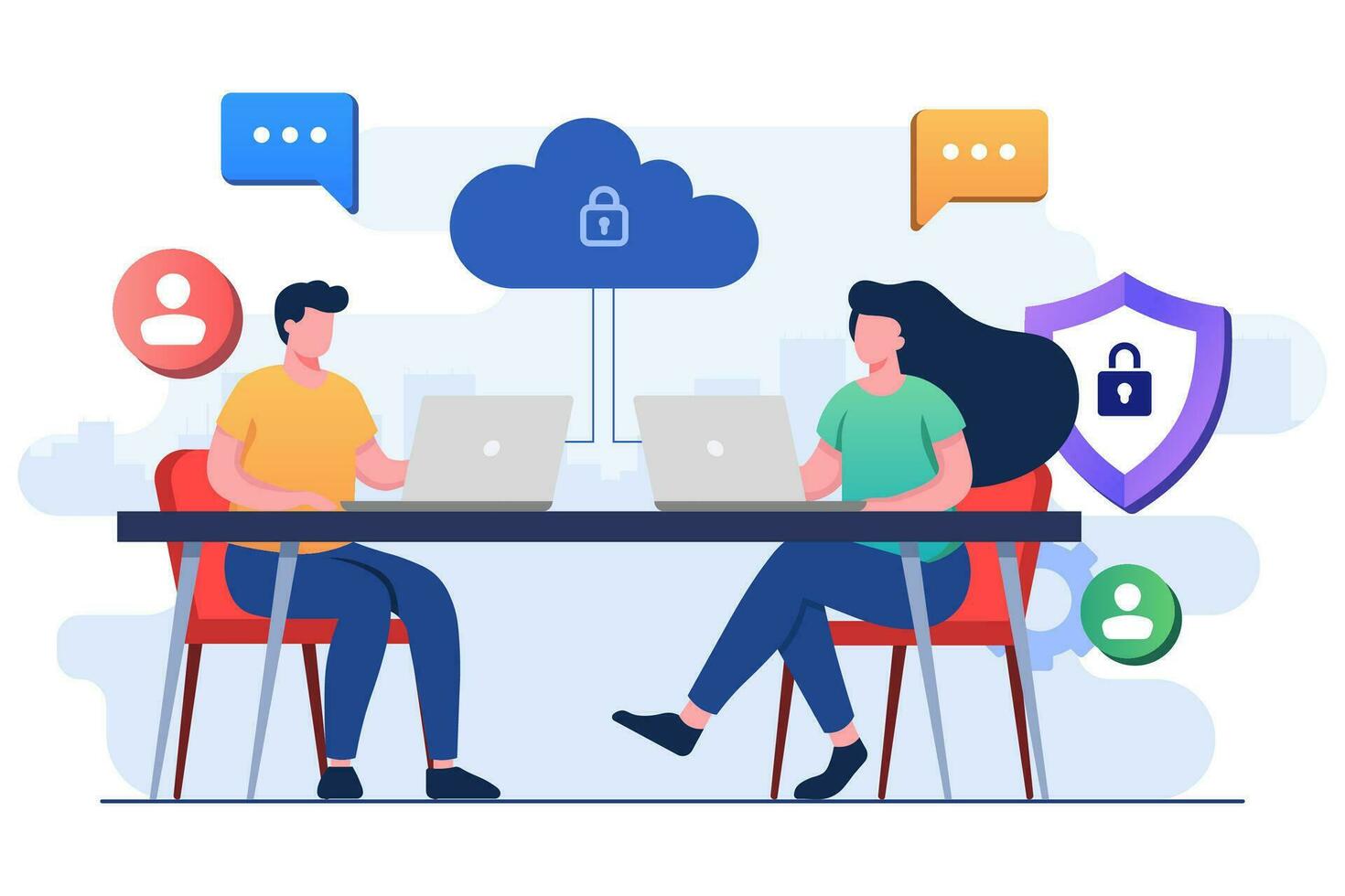 Various devices securely connected to data center with cloud Computing technology, Cyber security, Personal data protection flat illustration vector concept
