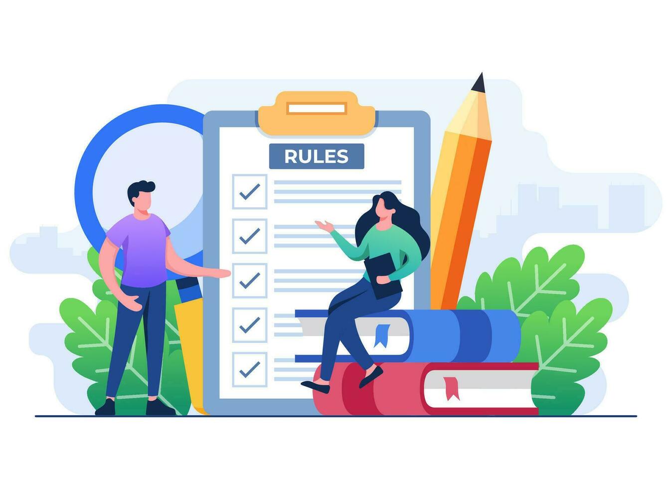 People discuss company rules and regulations, Agreement, Corporate law and business ethics, Compliance, Company policy concept for web design, infographic, landing page, social media, app vector