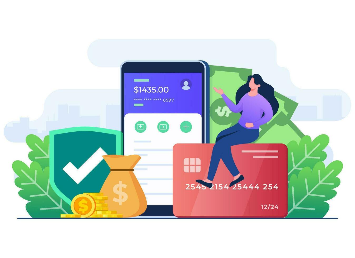 Online wallet flat illustration, Login into bank account using smartphone, Secure transaction, Digital banking concept, Internet money, Savings and finance, Mobile payment vector