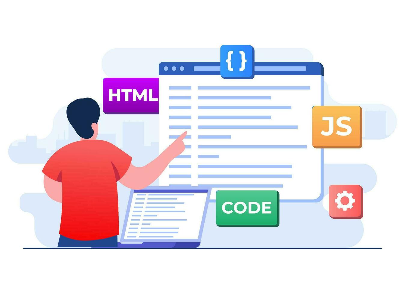 Web developer wiring code or program using laptop, Computer programming, Java, HTML symbols, Web design, Software, application design, programming languages, developing, website vector