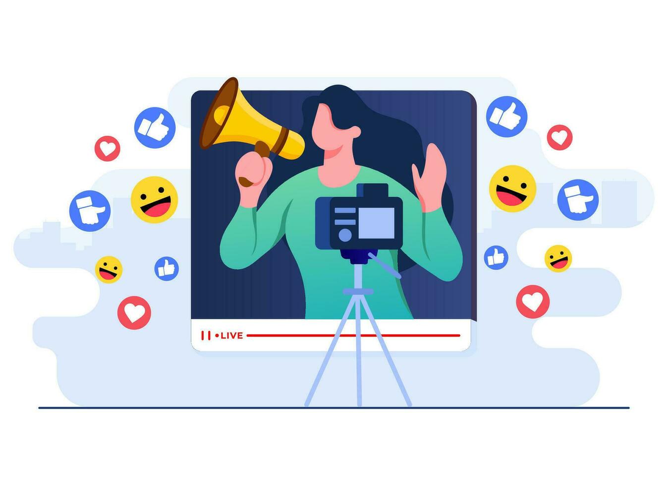 Video blogging flat illustration concept, Woman records video content on camera, Blogger in social media live stream with followers vector