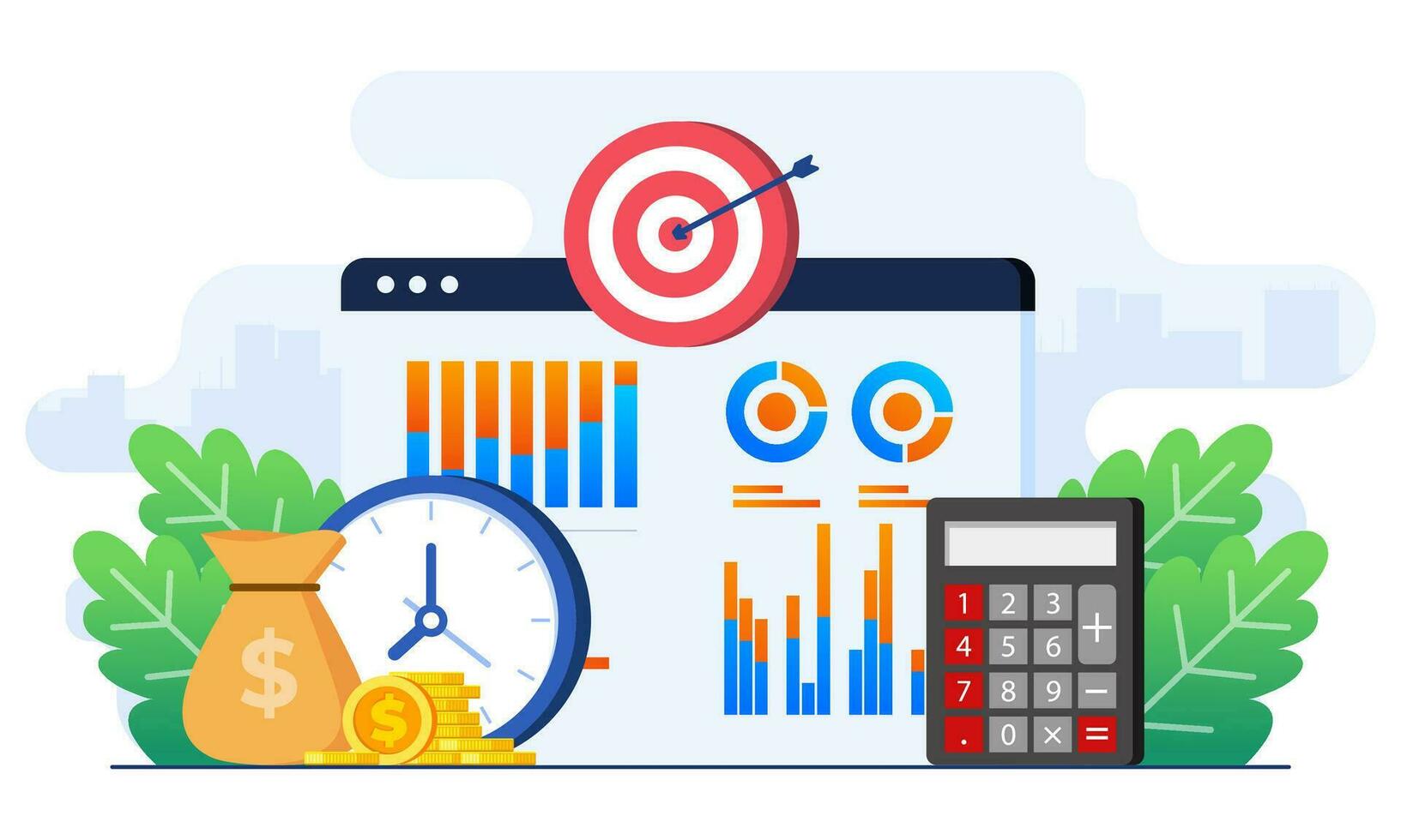 Accounting or finance management concept flat illustration, Business plan and budget, Marketing data analysis, Economic, Strategy, Achieving business goals, Business performance, Market research vector