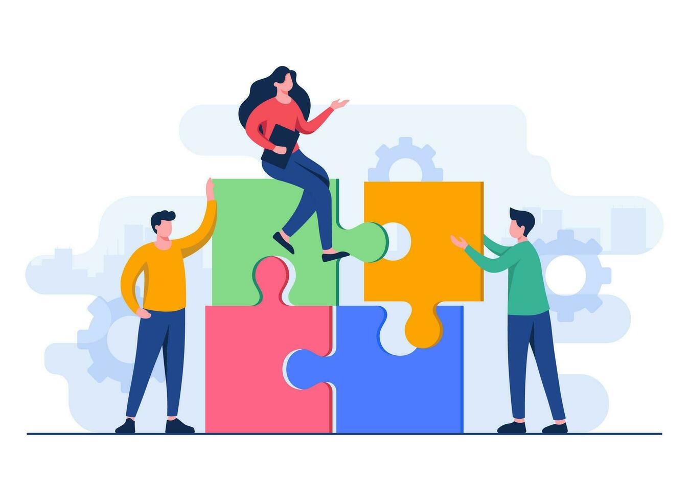 People connect and match puzzle parts together flat illustration,  Teamwork, Partnership, Cooperation, Achievement, Solution, Problem-solving, New ideas vector