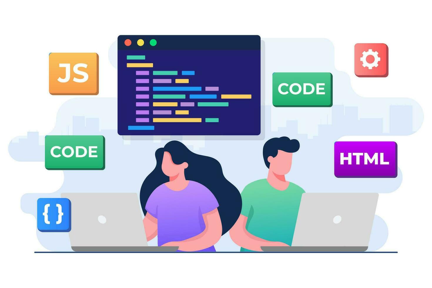 Web developer wiring code or program using laptop, Computer programming, Java, HTML symbols, Web design, Software, application design, programming languages, developing, website, programmer vector