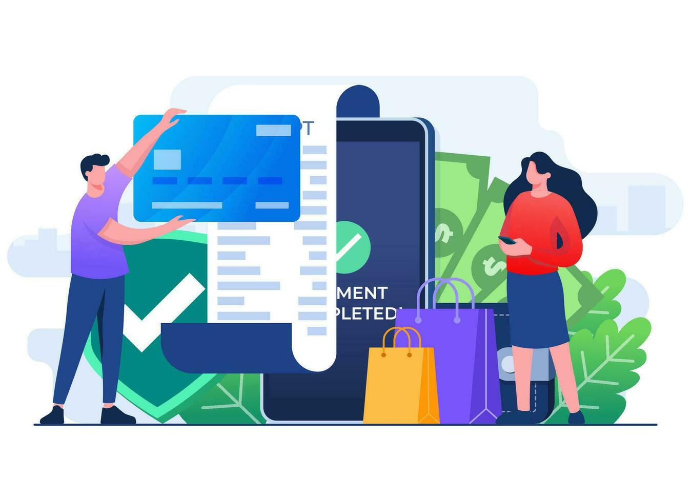 People making online payment using smartphone and credit card, Online shopping, E-commerce, Mobile banking, Cashless payment, Secure transaction, Internet banking flat vector illustration template