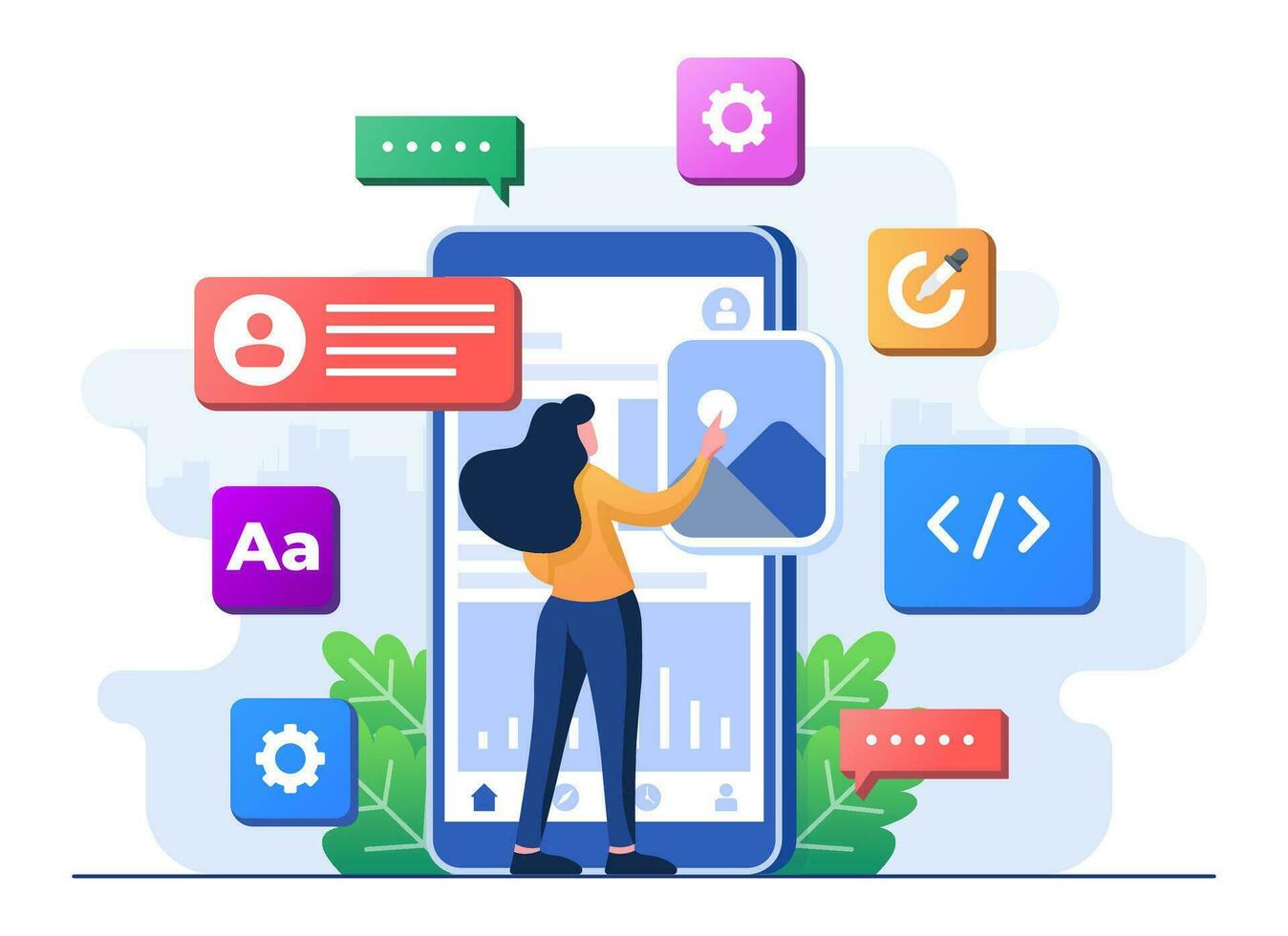 Mobile UI UX development concept flat illustration, Mobile application blocks on smartphone screen, Mobile app interface, Web development, Smartphone with interface elements, Mobile app development vector