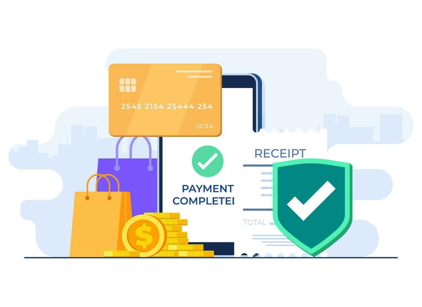 Online shopping concept flat illustration vector template, Transaction, Mobile banking, Cashless payment, Secure digital payment, E-banking app, Credit card payment, E-bill