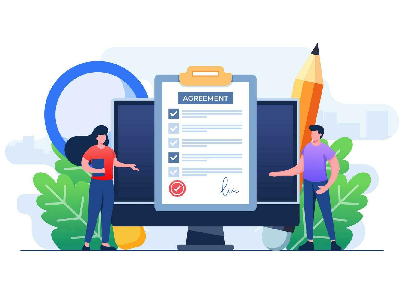 Online agreement concept flat illustration template, Contract, Startup, Business Partnership, Business collaboration concept for web design, landing page, banner, infographic, social media, ui, app vector