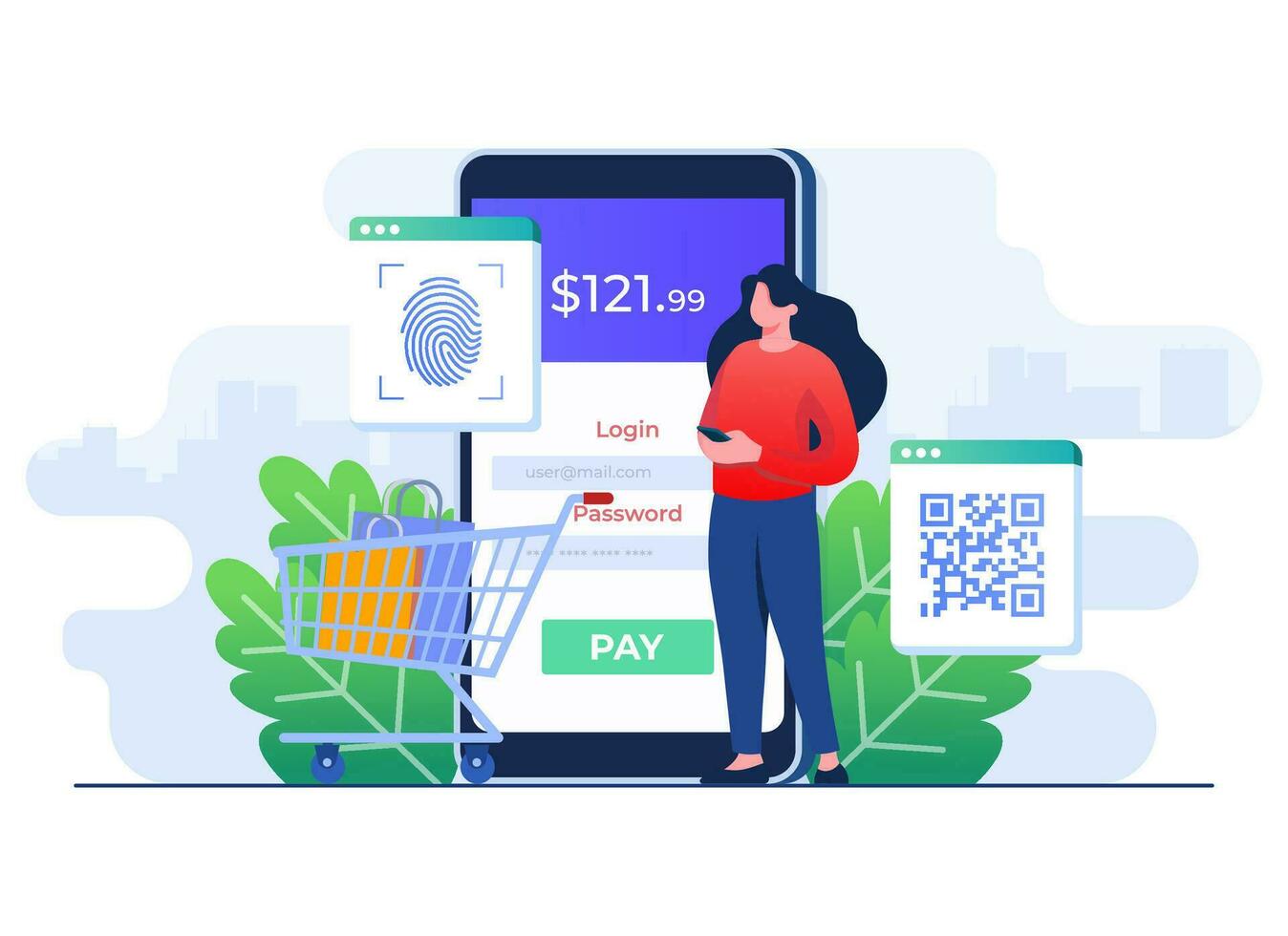 Online payment with fingerprint scanner and qr code, Secure payment transaction concept flat illustration vector template, Online payment gateway, Online shopping, Secure digital money transfer method