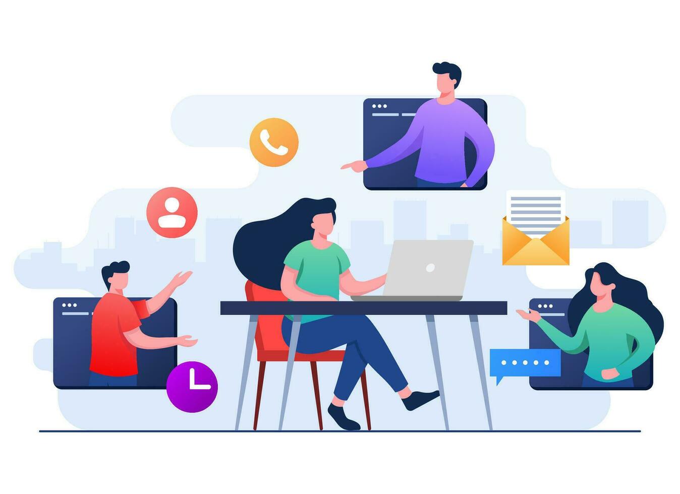 Business people meet online, Female employee speak on video call with coworkers on laptop at home, Video Conference, Team thinking and brainstorming, Remote working, Virtual meeting, Teleconference, vector