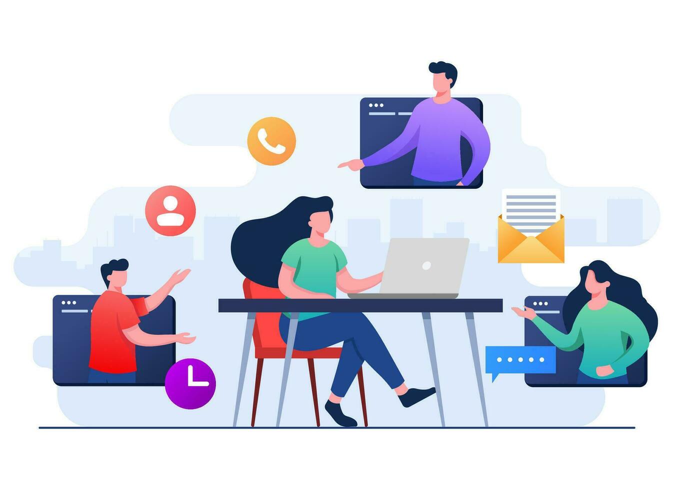 negocio personas reunirse en línea, hembra empleado hablar en vídeo llamada con compañeros de trabajo en ordenador portátil a hogar, vídeo conferencia, equipo pensando y lluvia de ideas, remoto laboral, virtual reunión, teleconferencia, vector