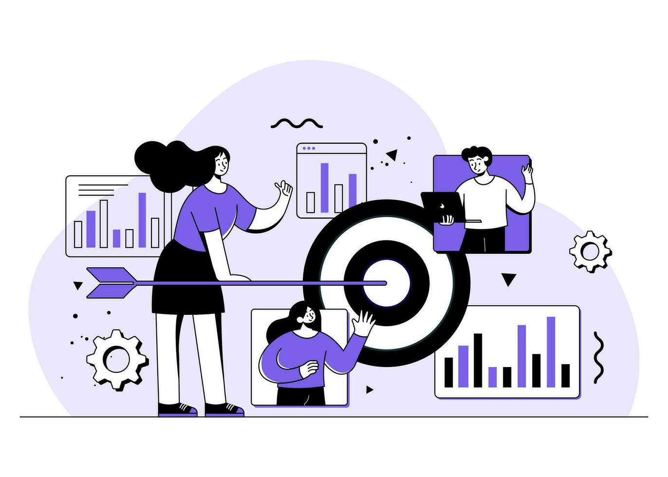 manager giving tasks and feedback about project to employees, Workflow management, effective and productive teamwork, Online business communication, people working on projects, Meeting vector