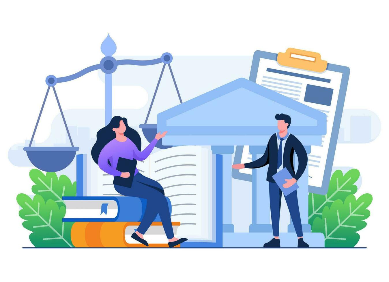 Law and justice flat illustration, Lawyer consulting client, Legal advice, Service of a lawyer, Notary, Law firm and legal service concept for web design, landing page, web banner, mobile app vector