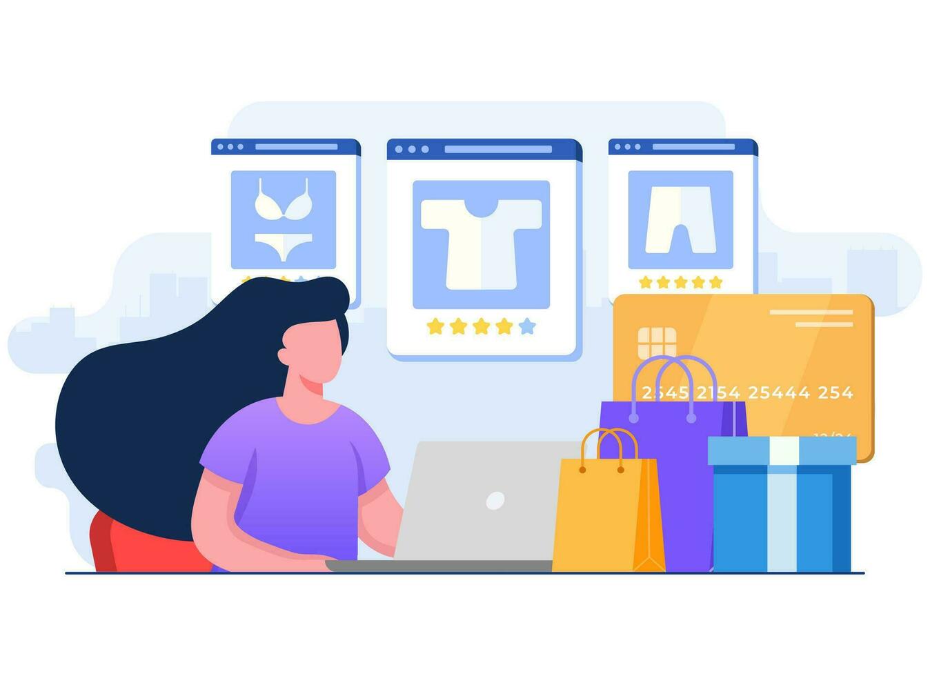 Female character buy clothes online using laptop, Online store, Online shopping, E-commerce website, Digital or virtual marketplace flat illustration for landing page, web design, infographic vector