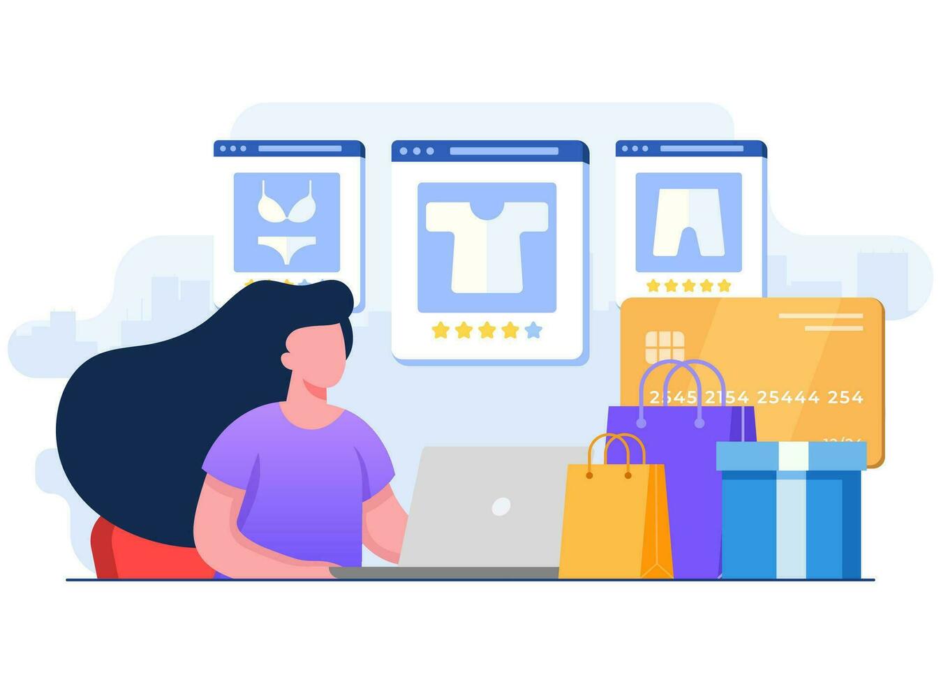 hembra personaje comprar ropa en línea utilizando computadora portátil, en línea almacenar, en línea compras, comercio electrónico sitio web, digital o virtual mercado plano ilustración para aterrizaje página, web diseño, infografía vector