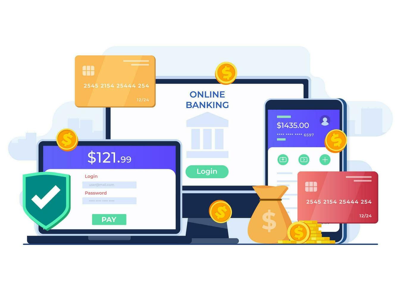 Log into online bank account with different devices, Online bank login page with username and password, Money transfer and cash withdrawal, Digital wallet, Secure access to personal account, e-banking vector