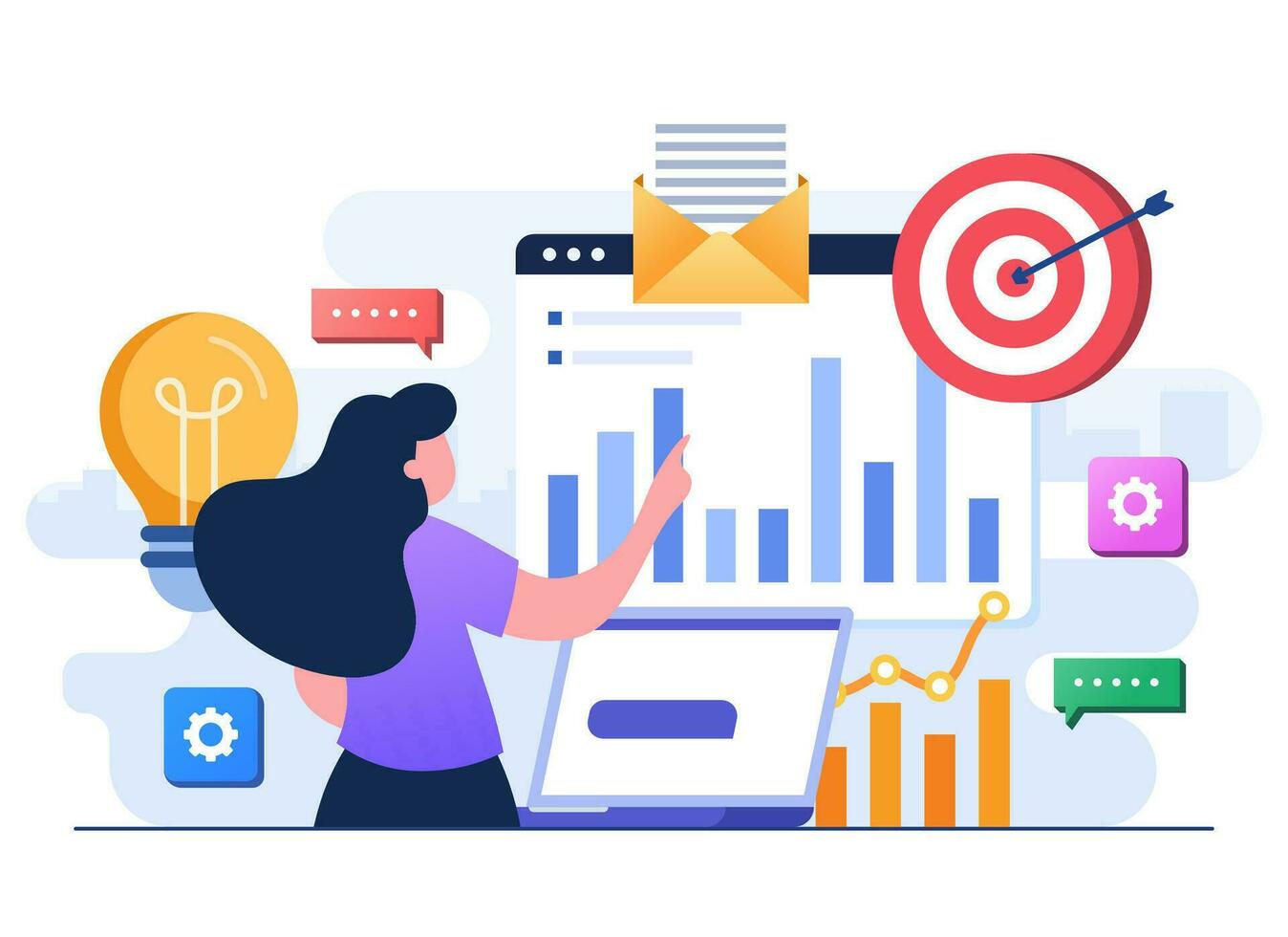 Businesswoman analyzing charts, graphs, and bars, Business data analytics, Market research, Business performance, Search engine optimization, Financial report, Business strategy, Financial forecast vector