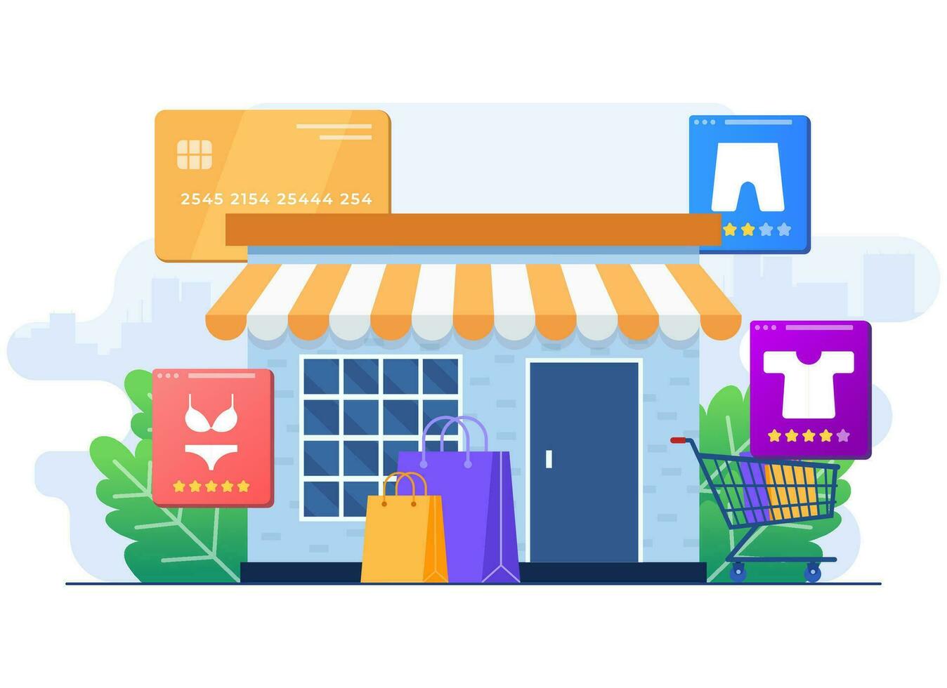 Clothing store flat illustration, Purchase, Clothes, Shopping bags, Credit cards, Shopping cart, Shopping concept flat illustration for landing page, web design, infographic, Rate products vector