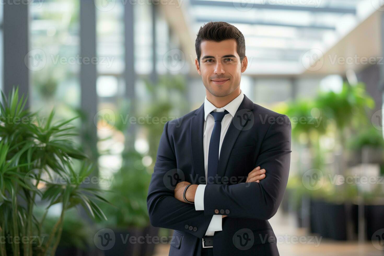 ai generado oficina trabajador retrato de sonriente hermoso empresario jefe en traje en pie foto