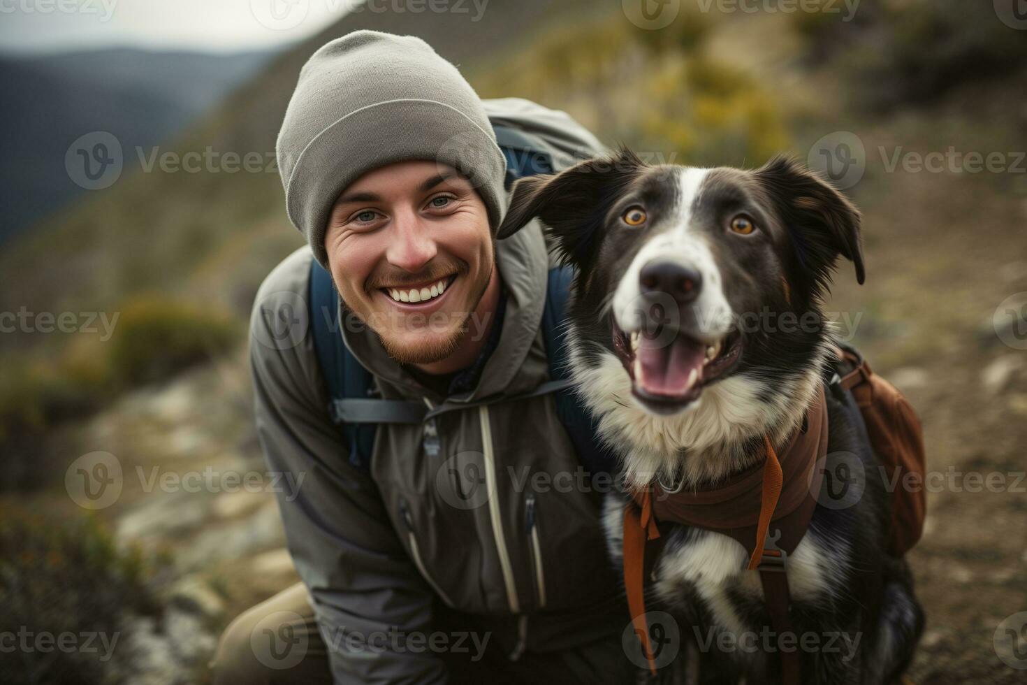 ai generado un imagen de un hombre excursionismo y su favorito perro. foto