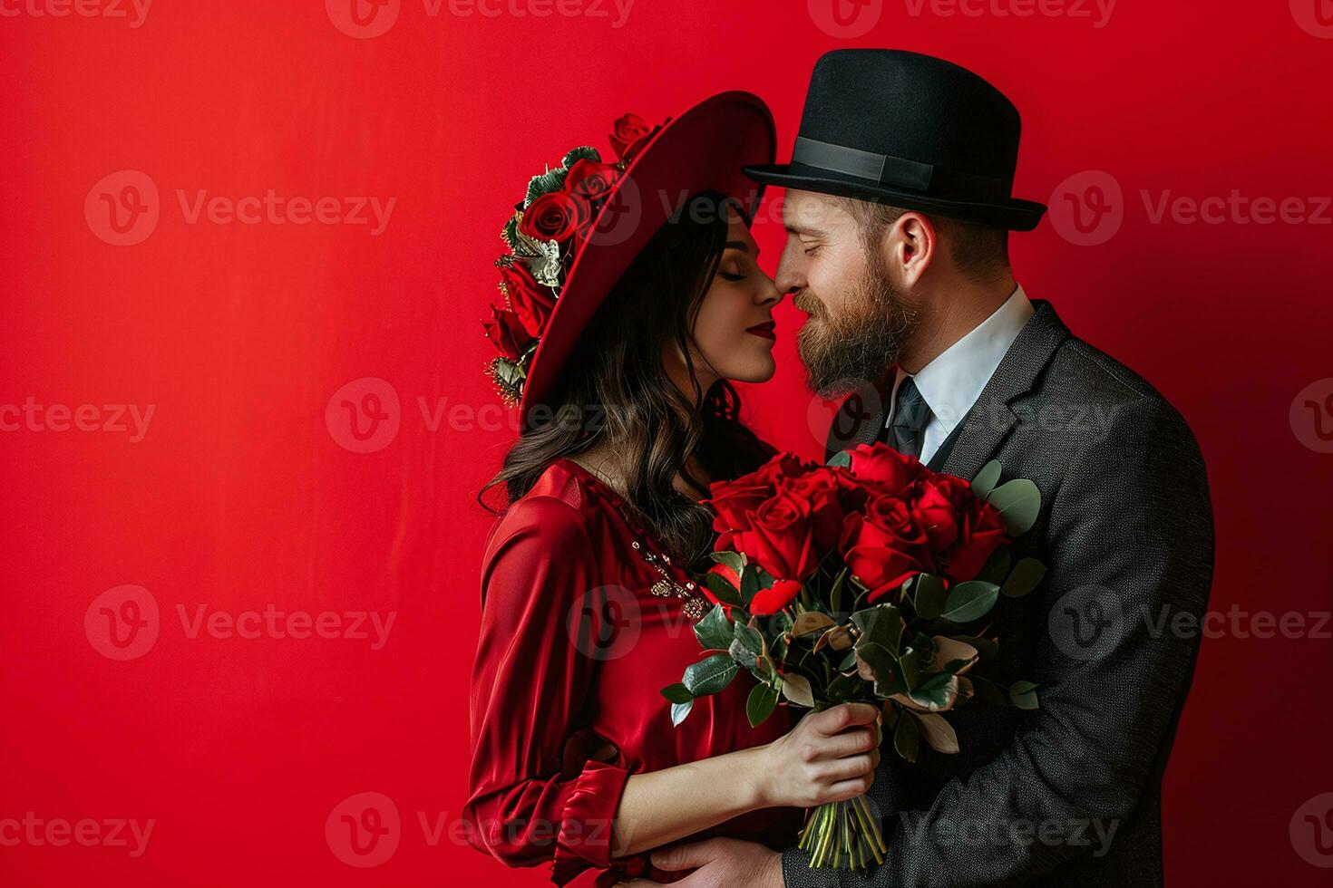 AI generated a man and woman in a red dress and hat are kissing photo