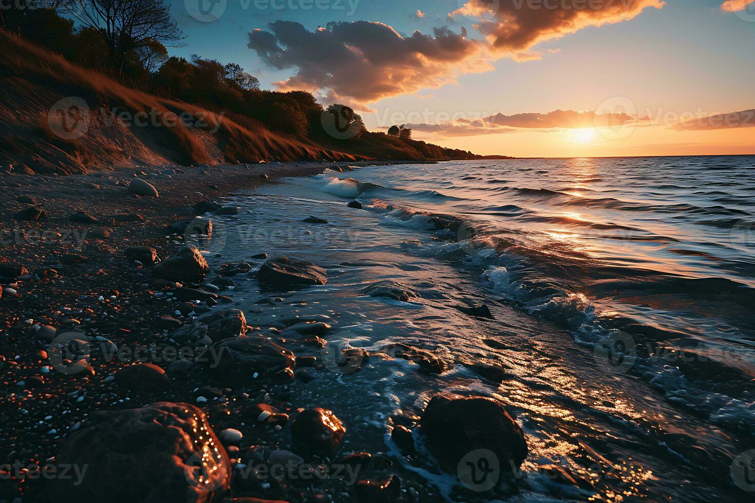 AI generated Photo of a beach with rocks and the sun going down