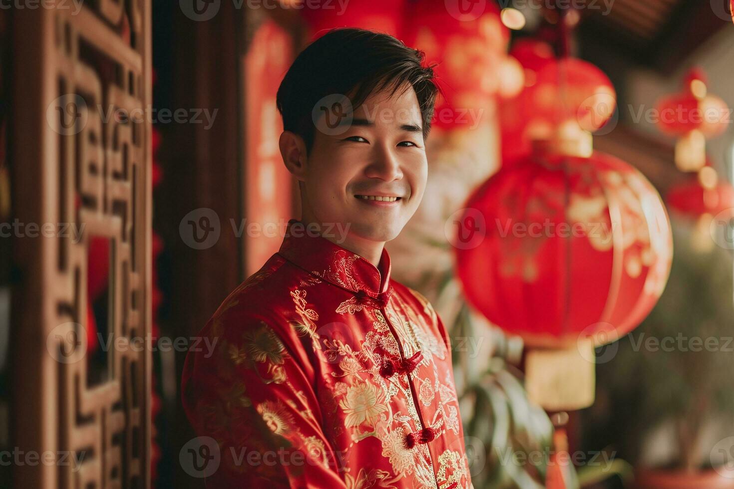 AI generated Image of an Asian man wearing red at the Chinese New Year festival. photo