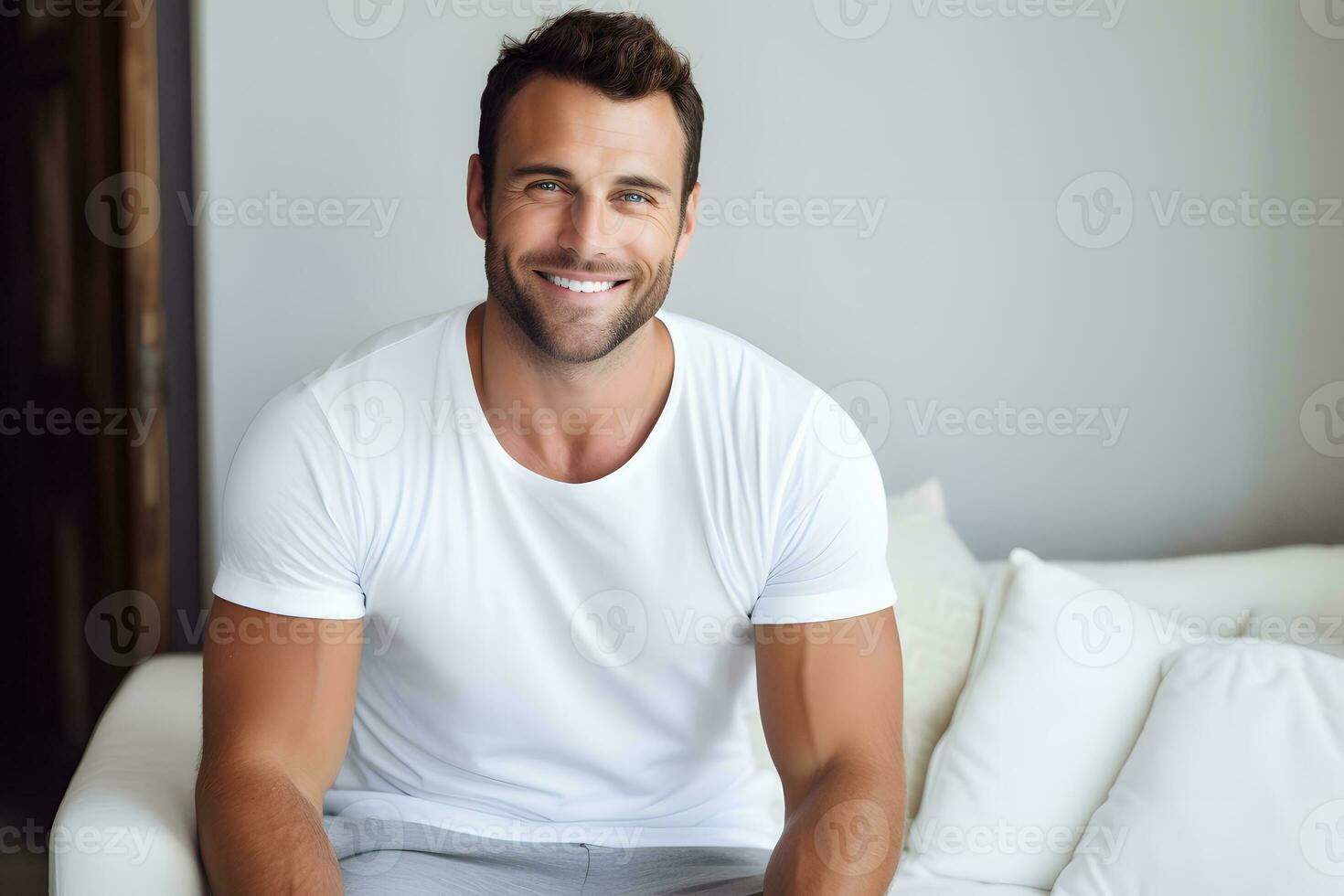 AI generated Photograph of a smiling man relaxing inside his home. photo