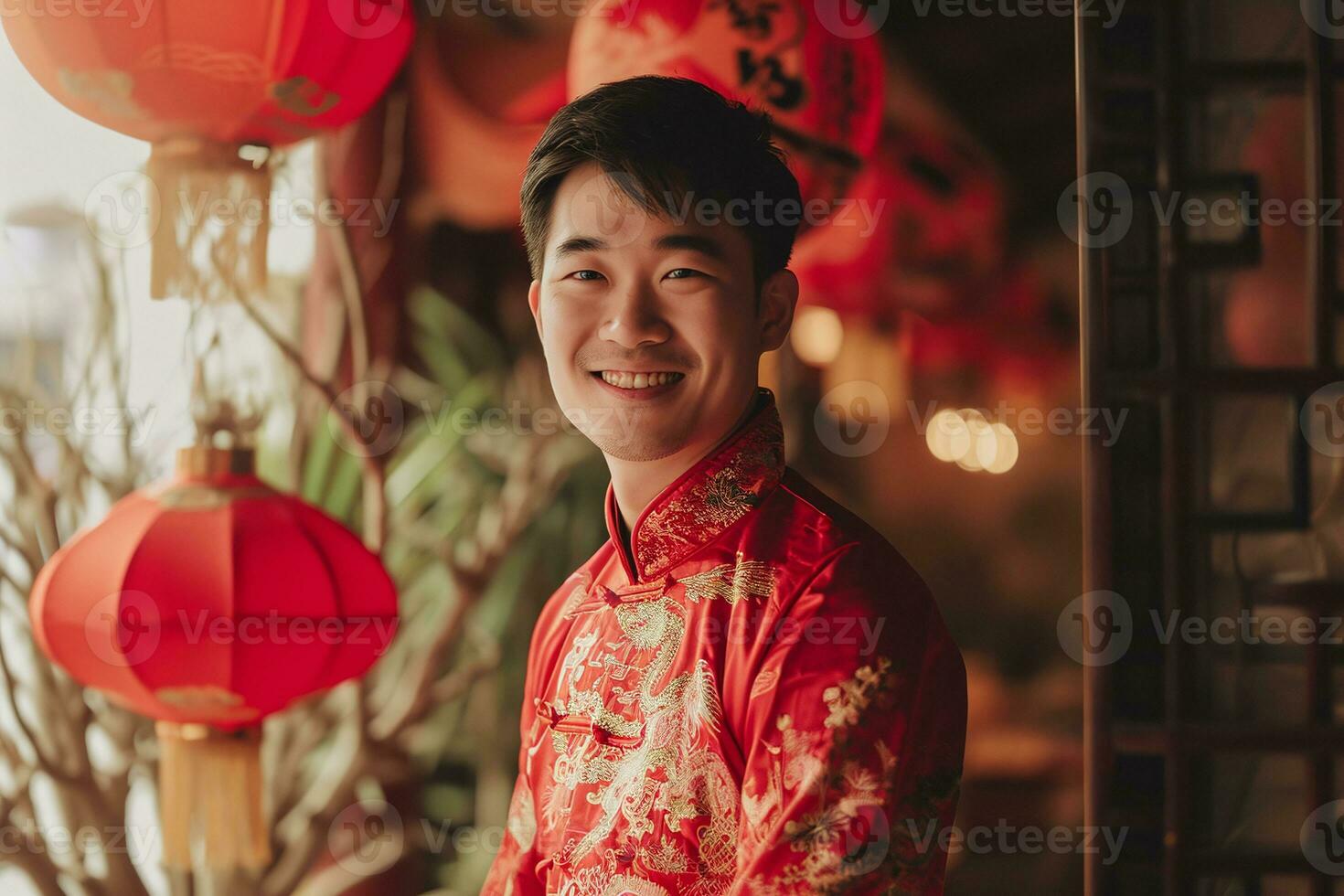 AI generated Image of an Asian man wearing red at the Chinese New Year festival. photo