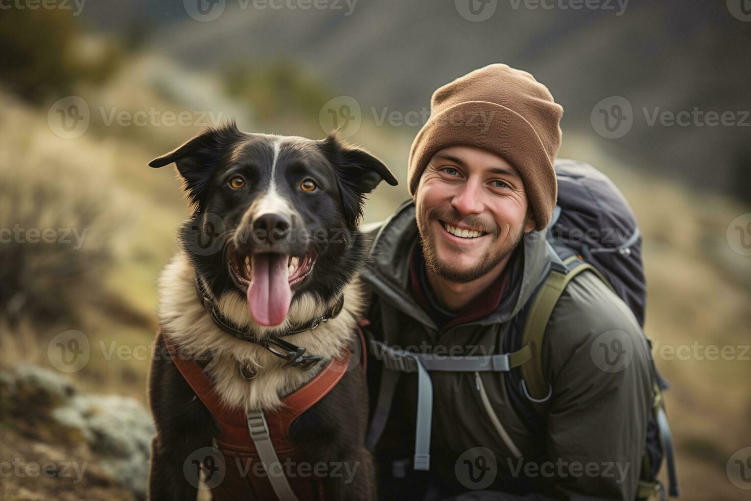 ai generado un imagen de un hombre excursionismo y su favorito perro. foto