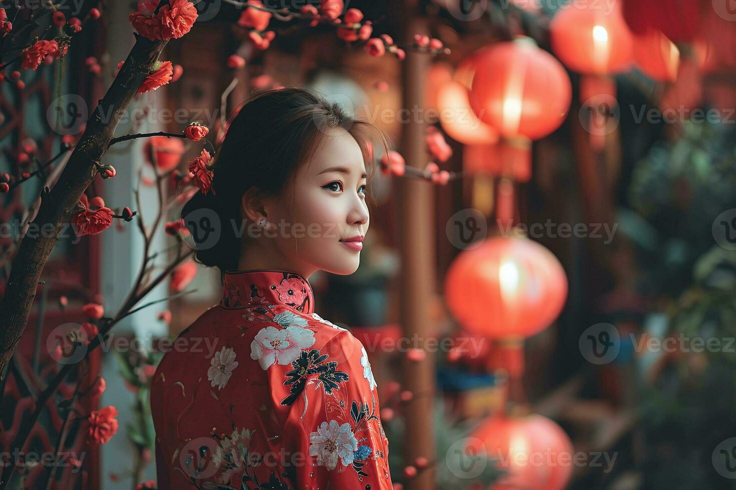 AI generated Image of a young Asian woman wearing a red dress at the Chinese New Year festival photo