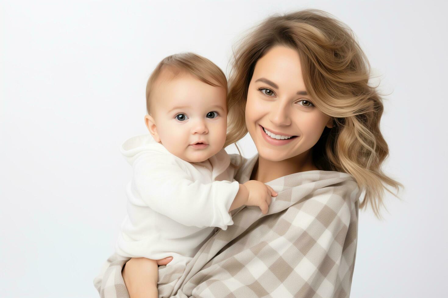 AI generated A woman in a light dress has fun with a cute little child. On a white background studio photo