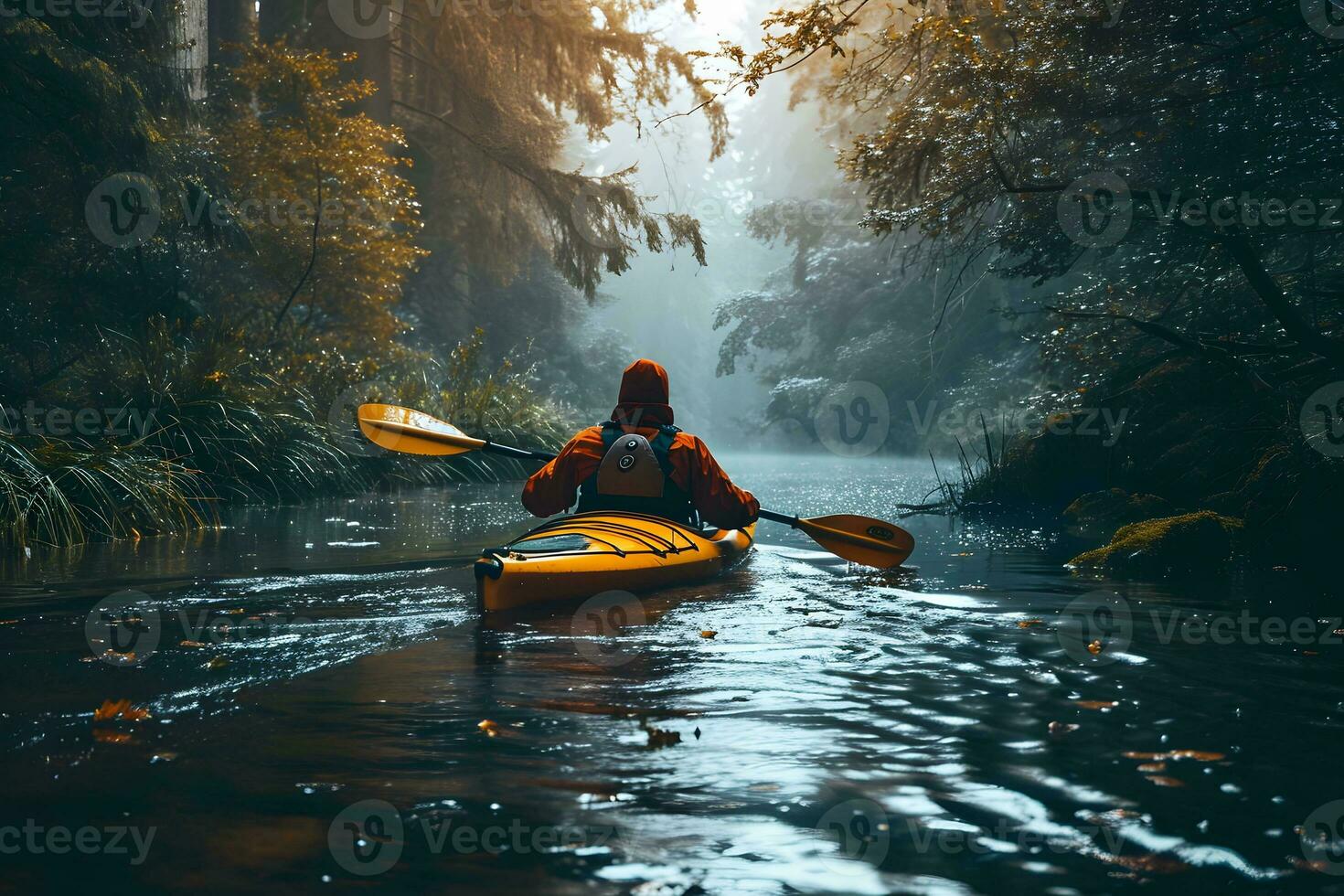 AI generated Photograph of a person kayaking in the river. photo