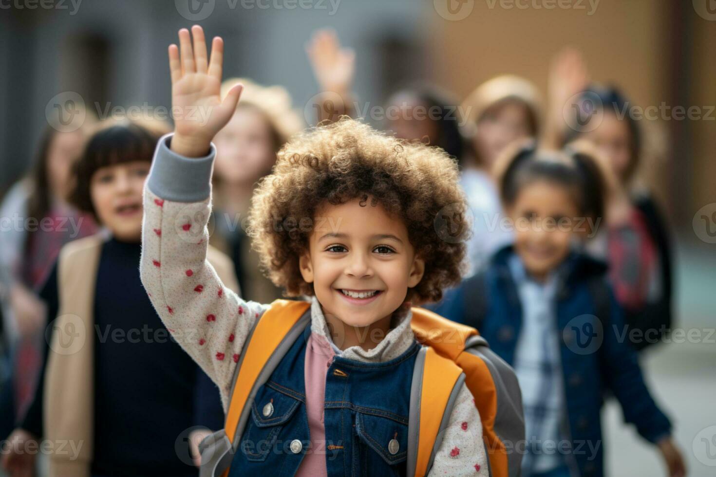 AI generated Elementary school students waving hello photo