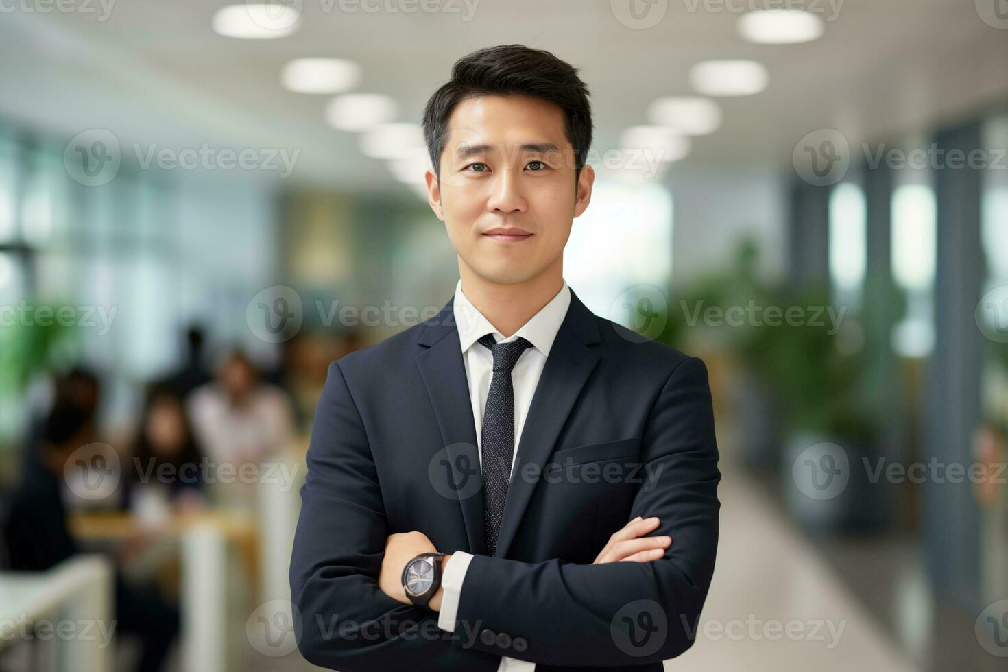 ai generado oficina trabajador retrato de sonriente hermoso empresario jefe en traje en pie foto