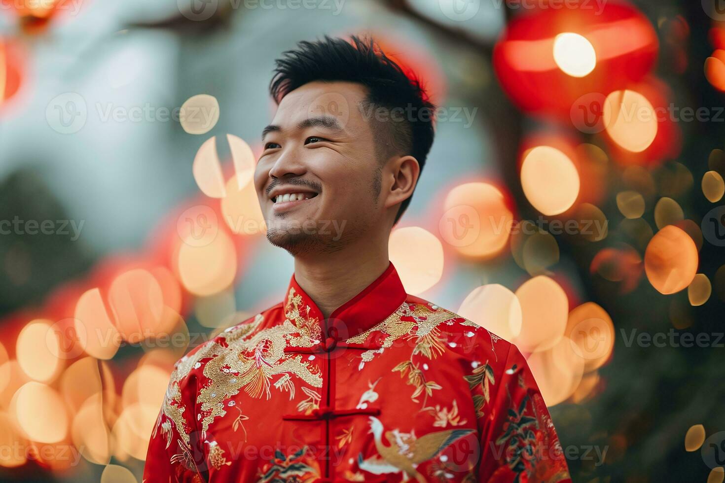 AI generated Image of an Asian man wearing red at the Chinese New Year festival. photo