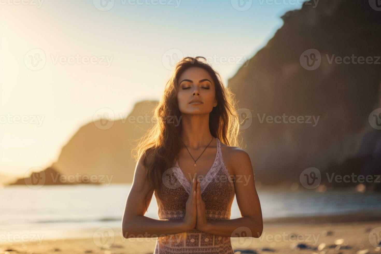 ai generado un mujer en yoga actitud en el playa foto