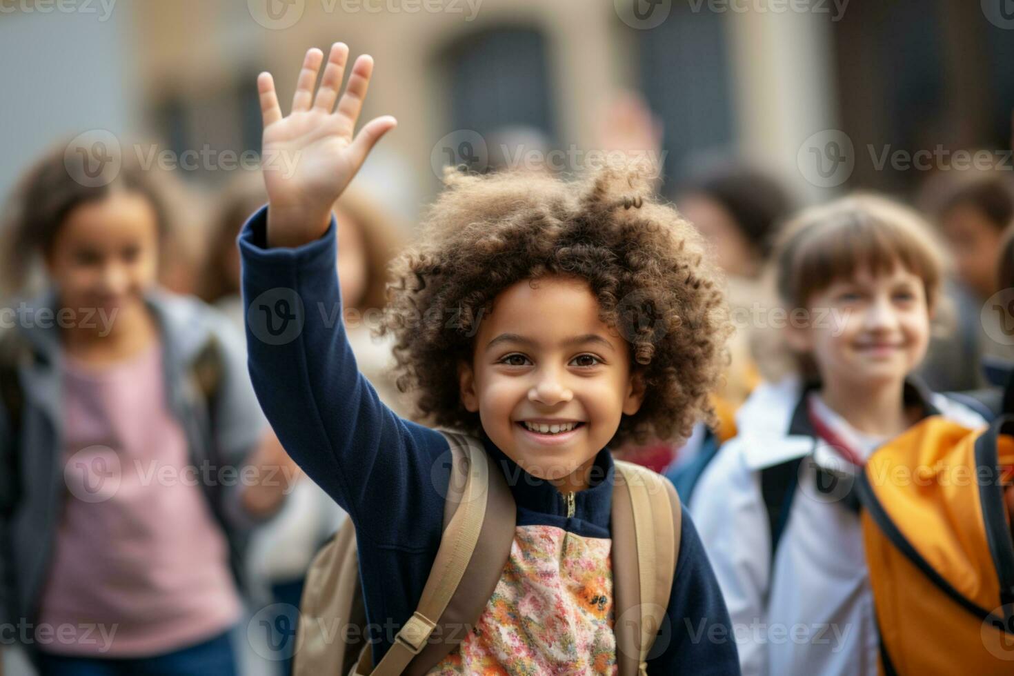 AI generated Elementary school students waving hello photo