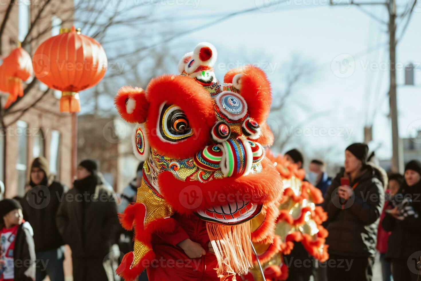 AI generated Lion dance during Chinese New Year celebration.  perform a traditional lion dance photo