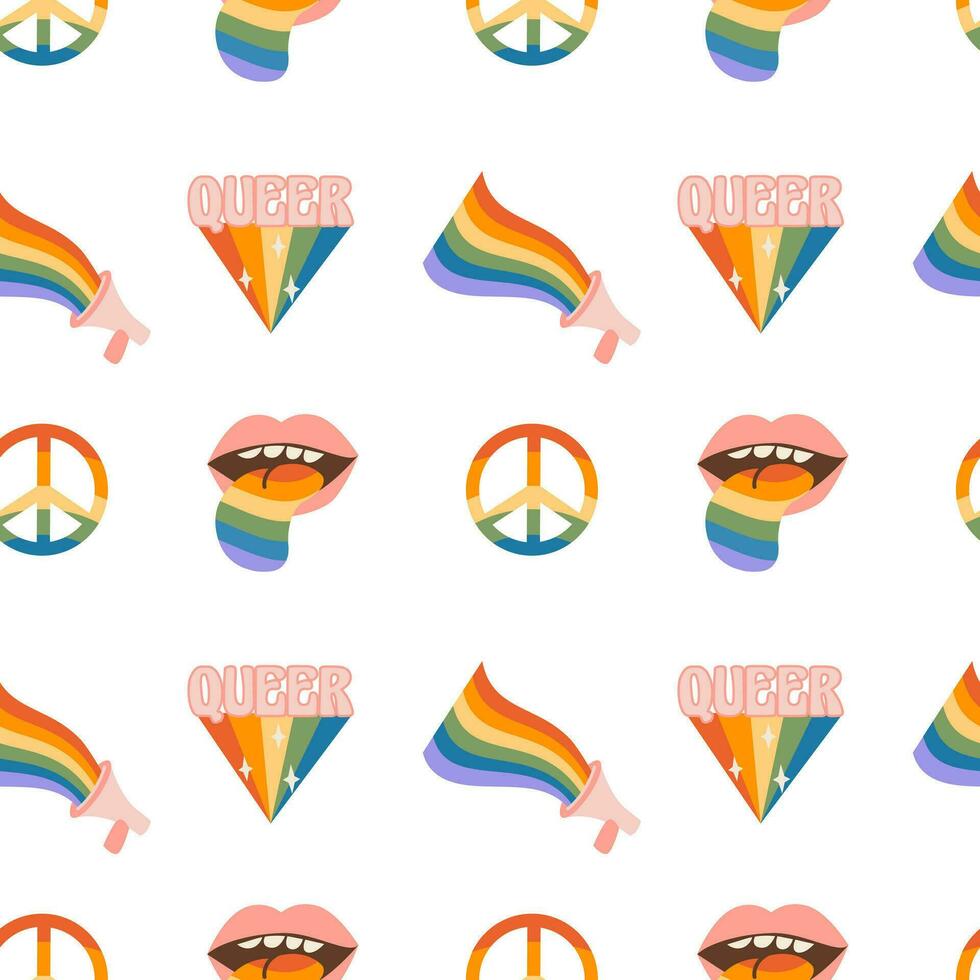 Seamless pattern with rainbow colored groovy word love in heart shape. Retro 60s 70s background with LGBT symbols. Contemporary minimalist design for LGBTQ pride month and gay parade. Vector. vector