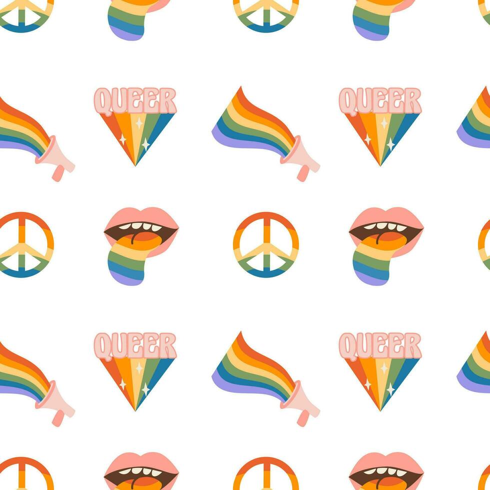 Seamless pattern with rainbow colored groovy word love in heart shape. Retro 60s 70s background with LGBT symbols. Contemporary minimalist design for LGBTQ pride month and gay parade. Vector. vector