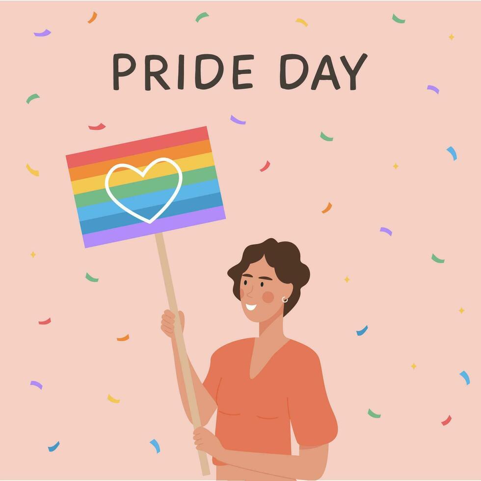 Vector Square Banner with LGBT person holding placard with love word in rainbow colors. LGBTQ symbols. Social media post, story or greeting card on pink. Flat style Illustration for pride month.