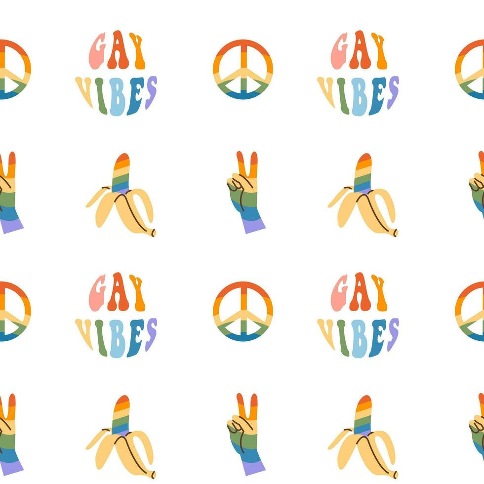 Seamless pattern with rainbow colored groovy word love in heart shape. Retro 60s 70s background with LGBT symbols. Contemporary minimalist design for LGBTQ pride month and gay parade. Vector. vector