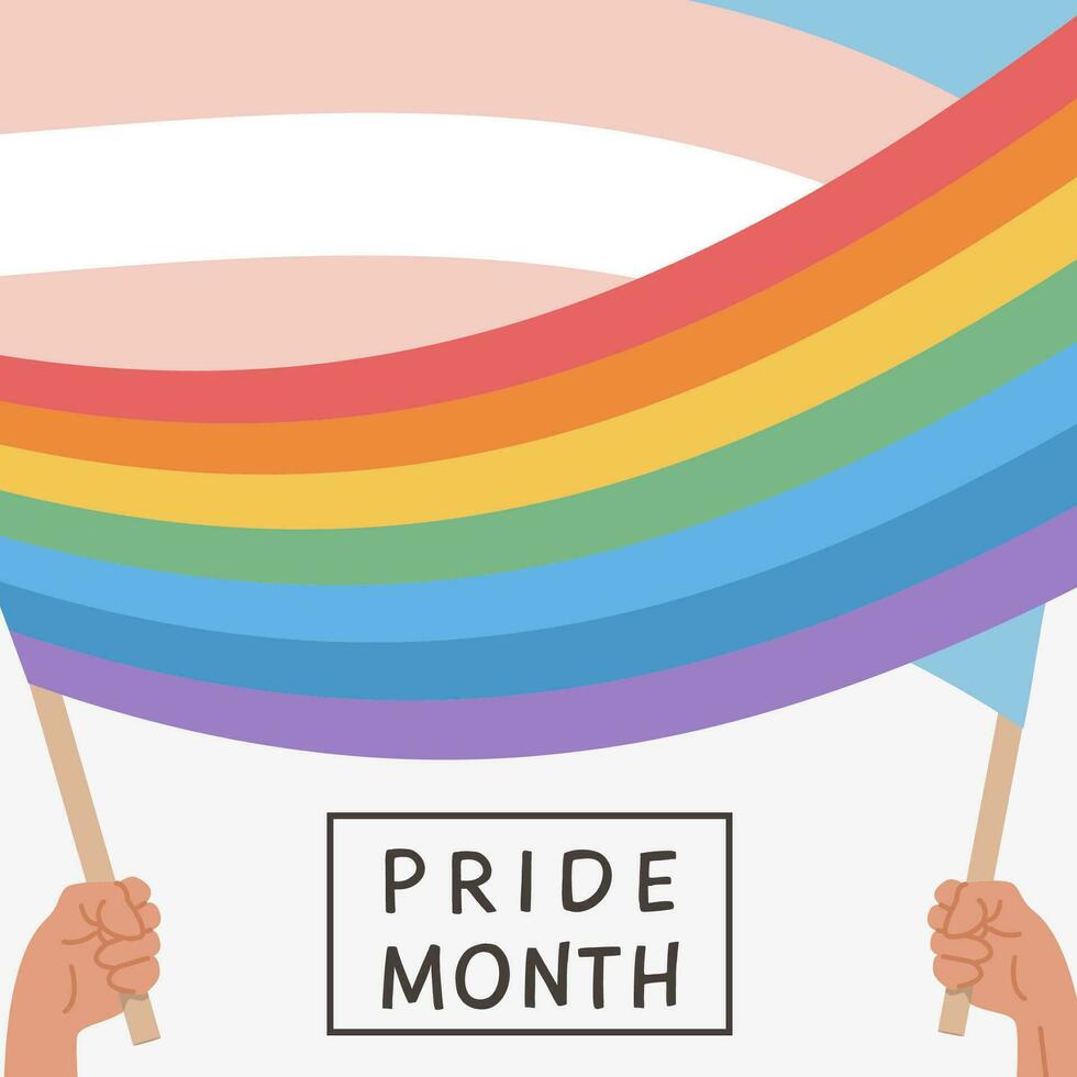 Vector Banner with caption Happy Pride Day. People Hands holding LGTB and Transgender flag during pride month celebration with confetti on background. Gay parade celebration. Poster. Flat Illustration