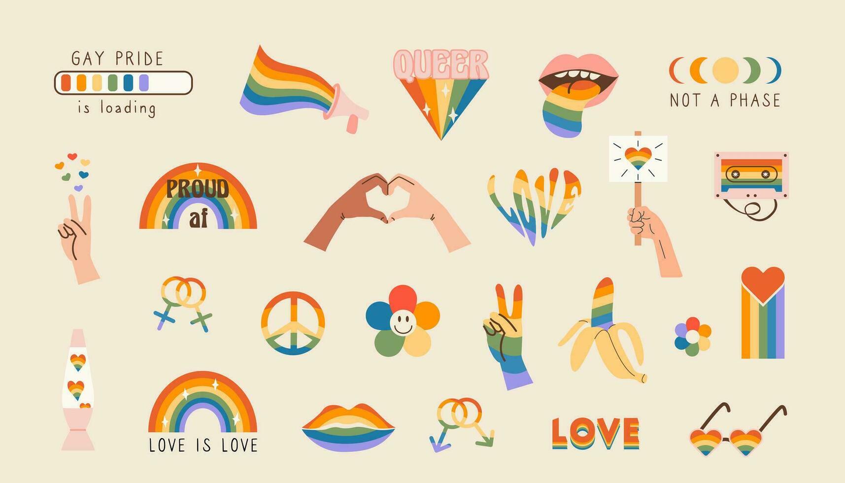 Vector set of LGBTQ community symbols with pride flags, gender signs, retro rainbow colored elements. Pride month stickers. Gay parade groovy celebration. LGBT flat style icons and slogan collection.