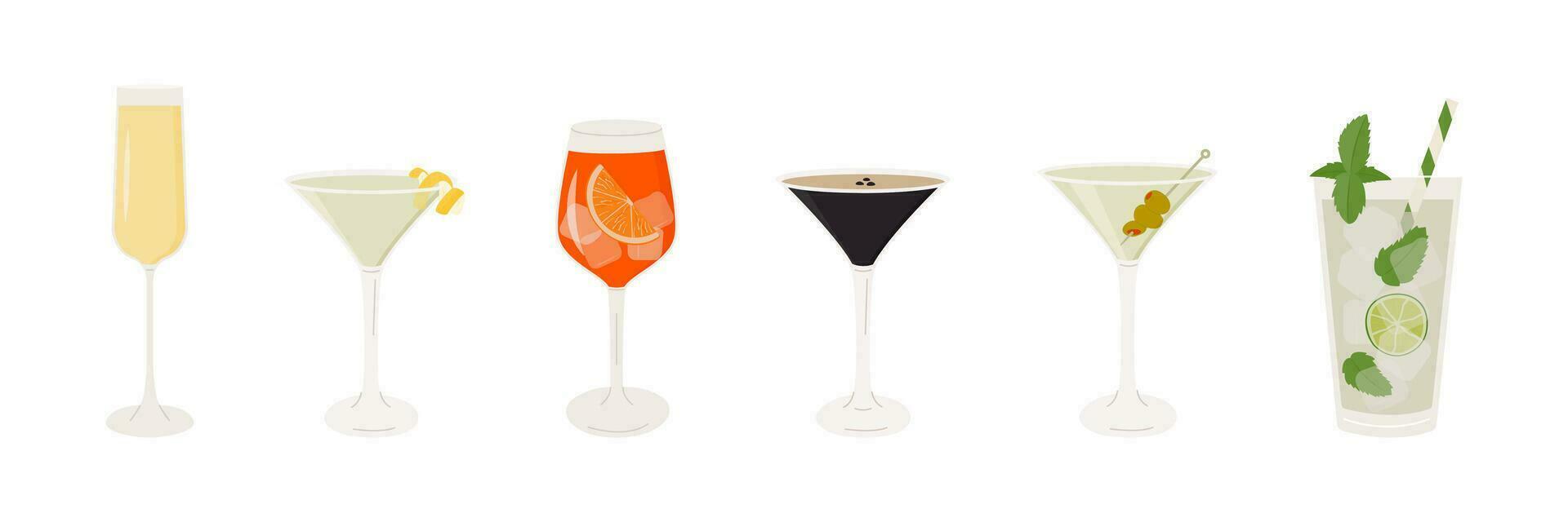 Set of classic cocktails. Different alcoholic drinks in various glasses. Summer aperitif garnish with lime twist, orange slice, olive skewer, cherry. Vector illustration of soft and alcohol beverages.