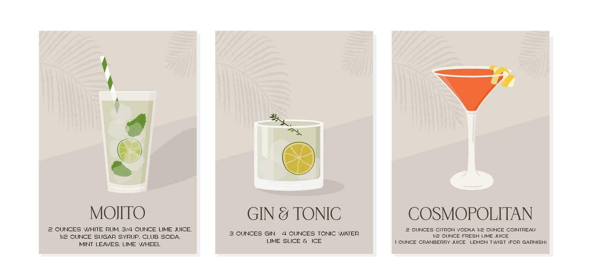 Mojito Cocktail in glass with lime slice and mint leaf. Gin tonic. Cosmopolitan. Set of summer aperitif recipe retro pastel posters. Wall art print with classic alcoholic beverage. Vector illustration