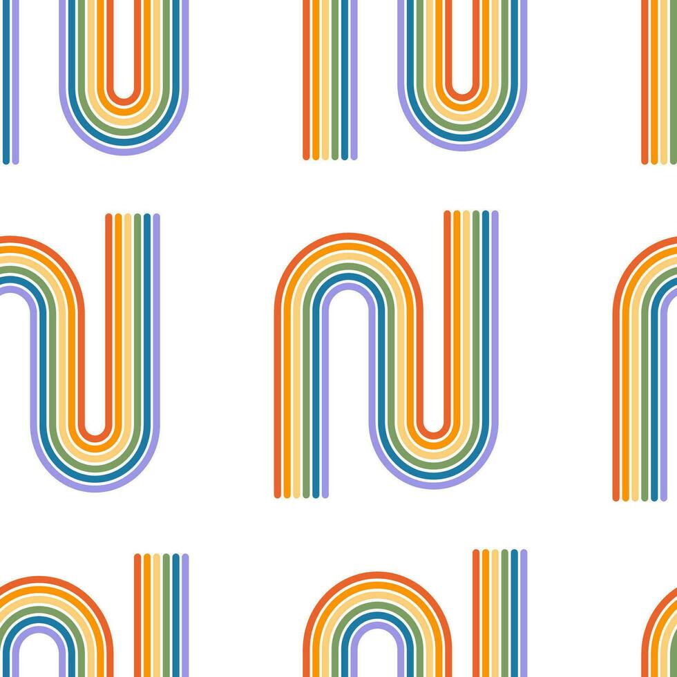 Seamless pattern with rainbow colored groovy word love in heart shape. Retro 60s 70s background with LGBT symbols. Contemporary minimalist design for LGBTQ pride month and gay parade. Vector. vector