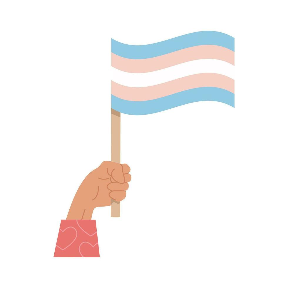 A person holding transgender flag. Element for Pride Month celebration. Symbols for LGTBQ parade. Icon or sticker isolated on white background. Vector flat cartoon illustration.