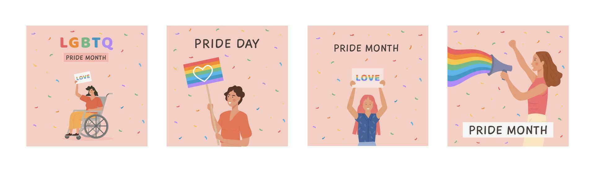 Social media post, stories, card with LGBT people holding rainbow flag, megaphone, placards. Sexual Diversity. Vector Square Banner Set with LGBTQ symbols. Flat style Illustration for pride month.